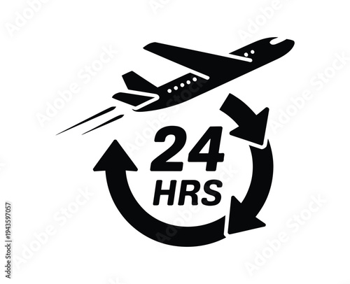 A black and white graphic illustration of a fast airplane service available 24 hours a day