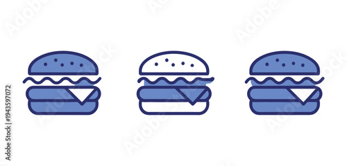 Three blue hamburger icons on a white background, representing food and cuisine