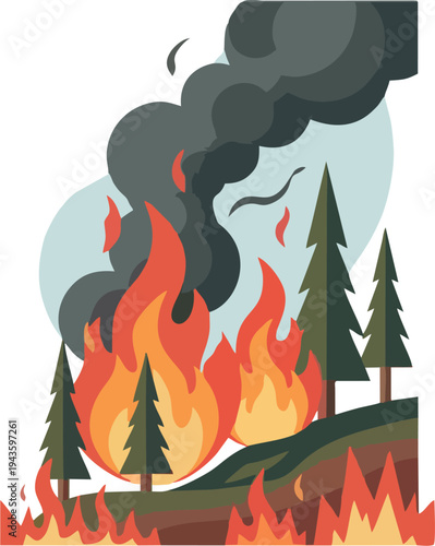Forest Wildfire Vector Illustration – Burning Pine Trees, Flames and Thick Smoke, Natural Disaster and Climate Change Concept