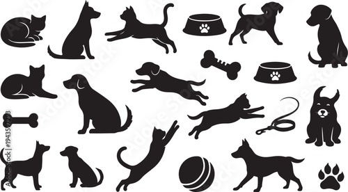 Black silhouettes of dogs and cats with pet accessories