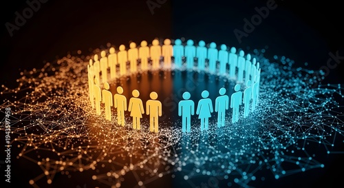 Dynamic visualization of diverse human figures forming a unified circular network, representing interconnectedness, collaboration, and social dynamics in a modern digital environment