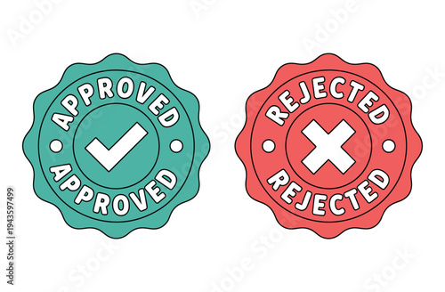 Two colorful approval stamps, one green for approved and one red for rejected, on a white background.