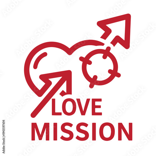 Red heart and arrow logo with love mission text on white background