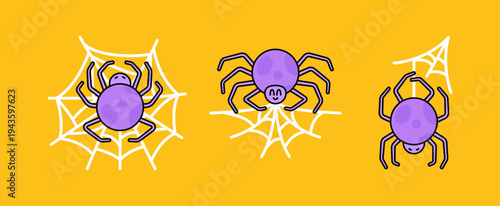 Set of cute purple spiders sitting on spider webs in playful cartoon style. spooky but friendly Halloween themed illustration perfect for stickers, decorations, kids designs, and seasonal graphics.