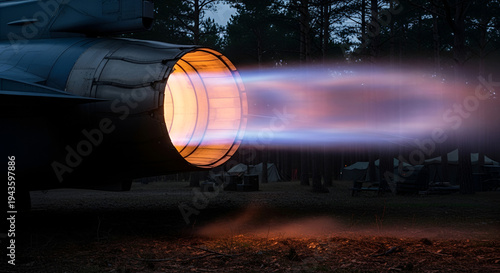 F-16 Fighting Falcon military jet ignites afterburner at dusk in forest; powerful aircraft engine emitting bright orange flames and blue exhaust plume