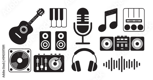 Set of black and white musical instruments and sound equipment icons for music production and listening