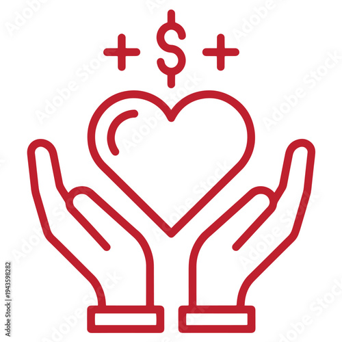 red line art of hands holding a heart with dollar sign and plus signs above  symbolizing charity and financial support