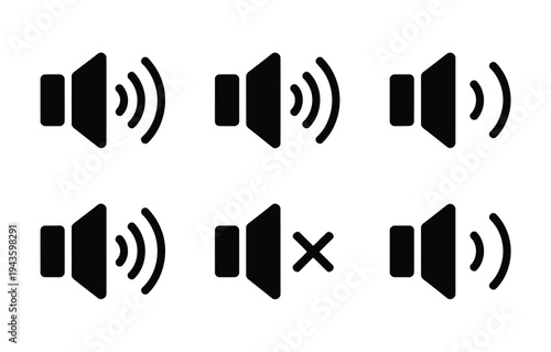 A set of black speaker icons with sound waves on a white background, including one with a mute symbol.