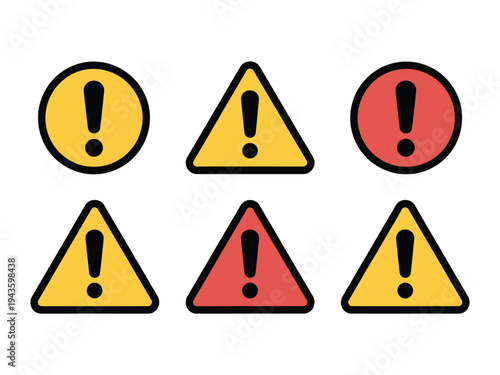 A collection of warning signs with exclamation marks on a white background