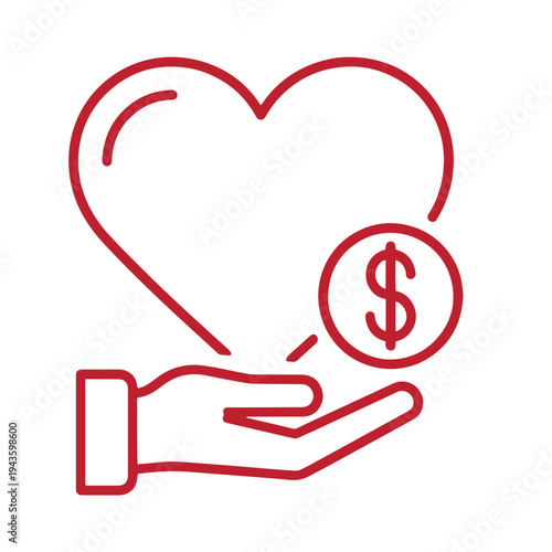 Red line icon of a hand holding a dollar coin in front of a heart symbolizing charity donation or financial support for love and care