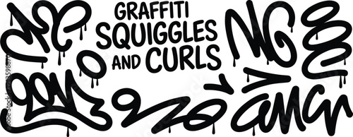 Graffiti squiggles and curls set, black dripping street art scribble elements, urban spray paint tags collection for grunge design projects