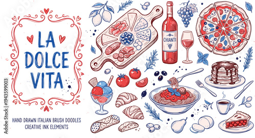 Hand drawn Italian food illustration set, La Dolce Vita typography with pizza, pasta, wine, desserts, vintage doodle style restaurant menu design