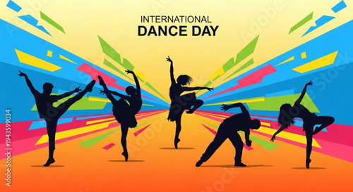 International dance day celebration with silhouetted dancers in various poses against colorful background