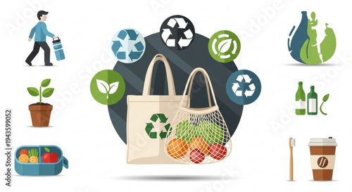 Eco friendly shopping bag with fresh produce and recycling symbols surrounded by sustainable living icons