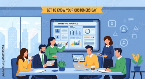 Business team discussing market graphics on screen get to know customers day