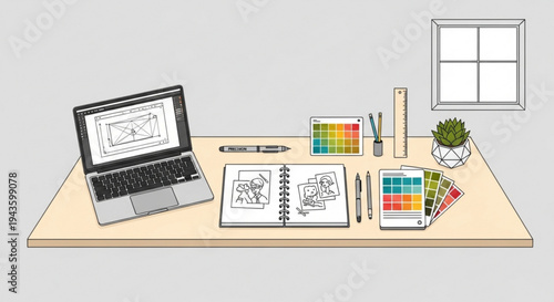 Graphic design workspace with laptop notebook color palette and stationery on wooden desk in modern office