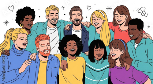 Diverse group of friends laughing and smiling together in colorful casual clothes with hearts and stars around them on a white background