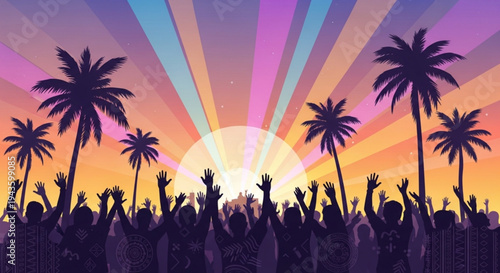 Silhouette of a joyful crowd celebrating with raised hands against a vibrant tropical sunset with palm trees sun rays and a colorful sky