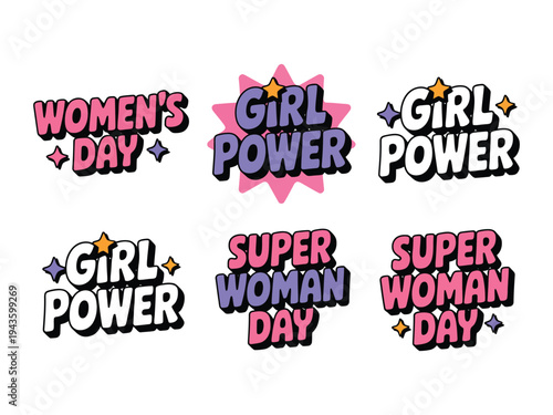 A vibrant collection of colorful stickers celebrating Women's Day and girl power