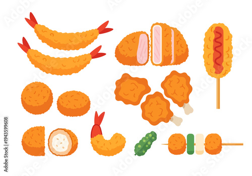The delightful assortment of crispy, golden-brown fried foods, featuring succulent ebi furai, tender sliced tonkatsu, savory croquettes, a classic corn dog, and mouthwatering fried chicken drumsticks