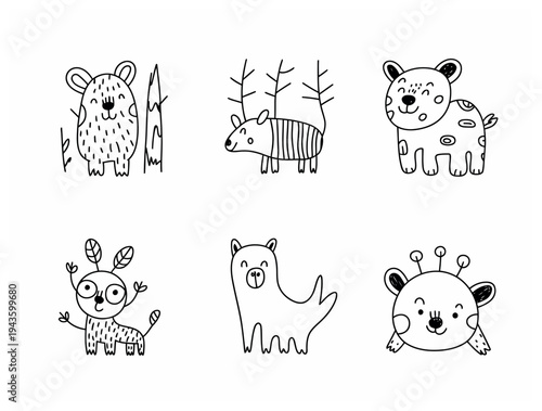 Cute Hand Drawn Animal Collection Black White Illustrations