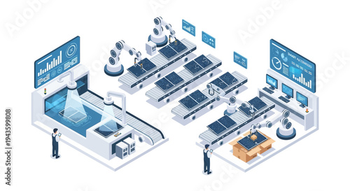 Isometric illustration of a smart factory with Industry 4.0 technology, featuring people working with machines and computers in a modern industrial setting with a blue and white color