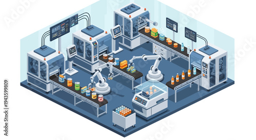 Isometric illustration of a Smart Factory Industry 4.0 with people working around machines and robots in a modern industrial layout, with a blue and white color scheme and a daytime