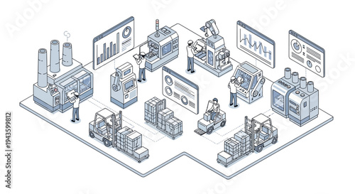 Isometric illustration of a smart factory with people working around various machines and screens displaying data in a modern industrial setting with a blue and white color scheme.