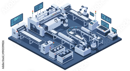 Isometric illustration of a modern Smart Factory Industry 4.0 with various machines, people, and icons on a blue background, showcasing a futuristic industrial layout and design.