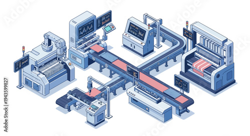 Isometric illustration of a smart factory with Industry 4.0 machinery and a character overseeing the production line in a modern industrial setting.