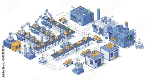Isometric illustration of a smart factory with Industry 4.0 technology, featuring people and machines in a modern industrial layout with a blue and orange color scheme.