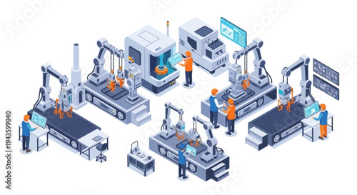 Isometric illustration of a smart factory with people working on various machines and equipment in an Industry 4.0 setting with a modern design layout on a white background.