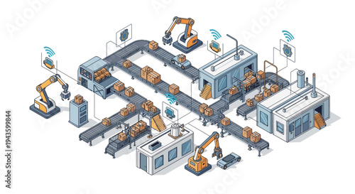 Isometric illustration of a smart factory with Industry 4.0 technology, featuring machines and people working together in a modern industrial layout with a blue, orange, and gray color
