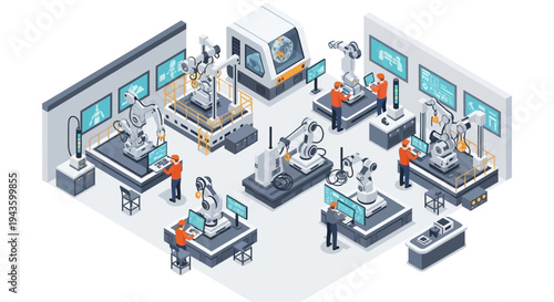 Isometric illustration of people working in a modern smart factory with machines and technology, depicting Industry 4.0 concepts in a business setting.