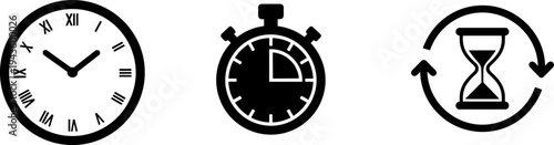 Set of Time Management Icons Featuring Roman Numeral Wall Clock Mechanical Stopwatch and Hourglass with Refresh Arrows for Productivity and Deadlines