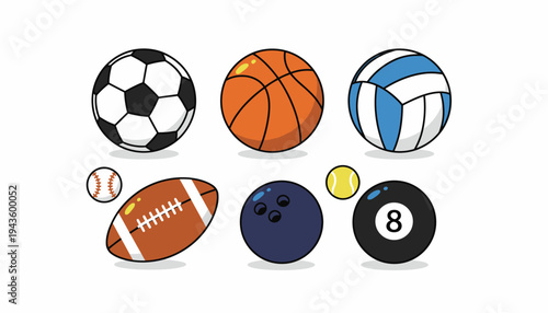 Collection of various sports balls icon set, including soccer, basketball, volleyball, football, bowling, and tennis balls for sports enthusiasts and athletes