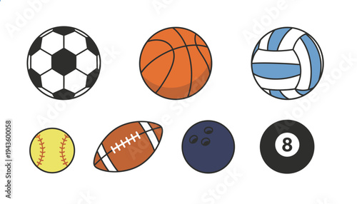 Collection of various sports balls, including soccer, basketball, volleyball, tennis, American football, bowling, and billiard balls