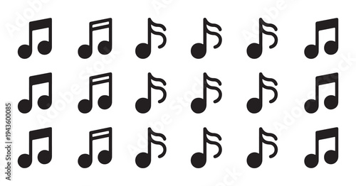 Grid of diverse musical note silhouettes showing different rhythmic values and notation symbols in black
