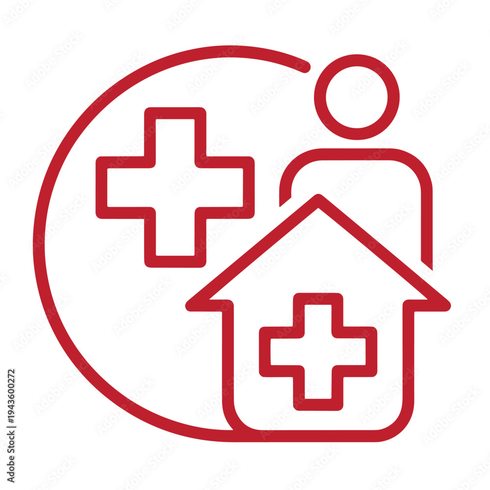 Fototapeta premium Medical care and health services icon with a person house and cross symbol for healthcare and wellness concept