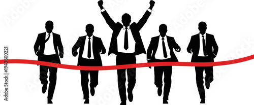 Silhouette of businessmen running a race and crossing the finish line together isolated on white background flat vector illustration design