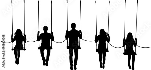 Silhouette of diverse group of men and women sitting on swings together isolated on white background flat vector illustration design