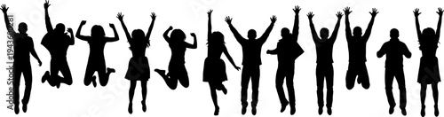 Silhouette of large group of happy people jumping in the air in celebration isolated on white background flat vector illustration