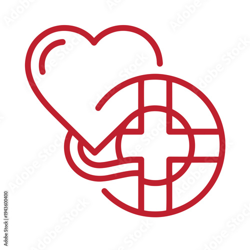 red heart and globe icon with cross symbol on white background