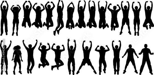 Silhouette set of diverse people jumping in celebration and success with raised arms in a flat vector illustration style.