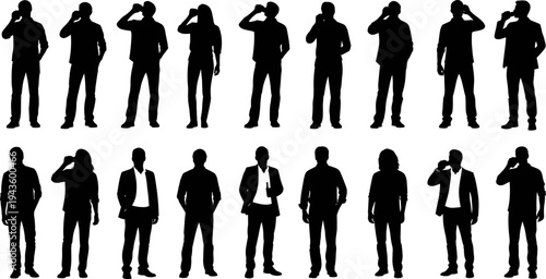 Silhouette set of professional men and women standing in casual and business attire isolated on white background flat vector illustration