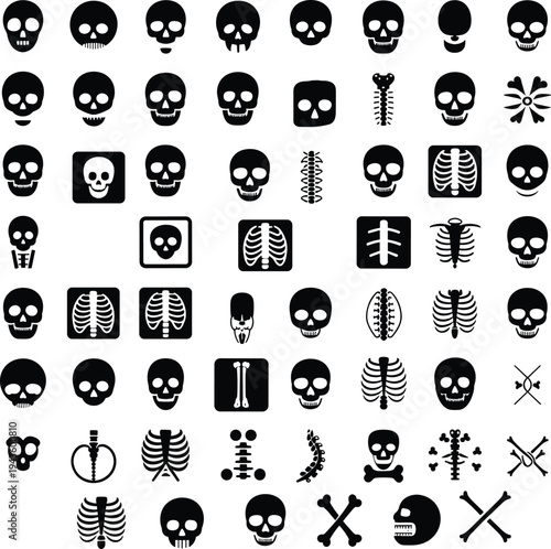 Skull and skeleton icon collection, bones anatomy symbols, medical xray graphics, danger warning silhouettes, black vector illustration set
