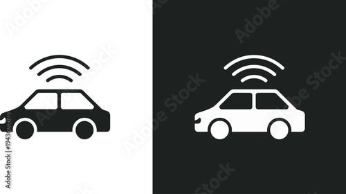 Smart car silhouettes with wireless signal icons in black and white styles flat vector illustration for connected vehicle and autonomous driving