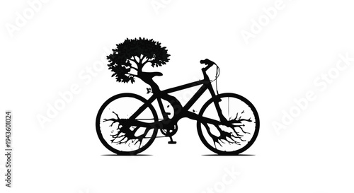 Bicycle silhouette seamlessly integrated with a growing tree, symbolizing eco-friendly travel and nature.