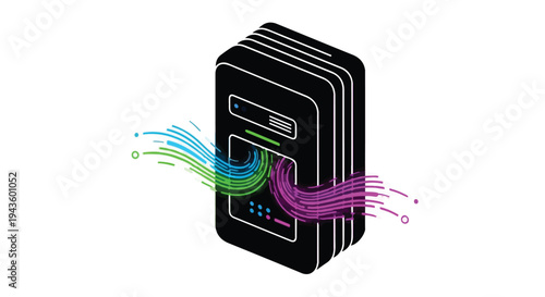 Modern server with colorful data streams flowing in and out, symbolizing digital information transfer.