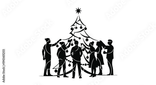 Diverse group of people decorating a festive Christmas tree together